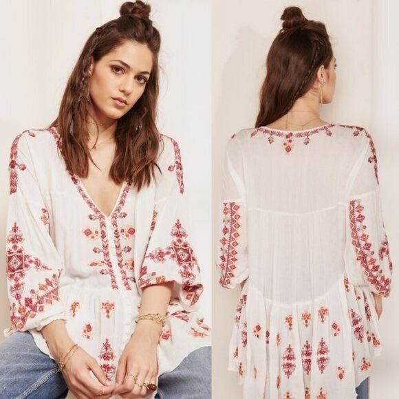 Free People Ariana Peasant Boho Tunic Top Embroidered Flowy V-Neck Women XS - Picture 2 of 16